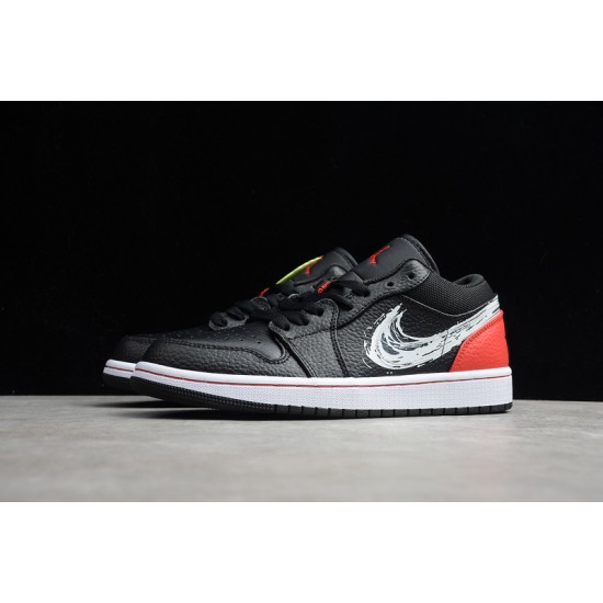 Jordan 1 Low Brushstroke Swoosh  Black Red DA4659001 Basketball Shoes Unisex