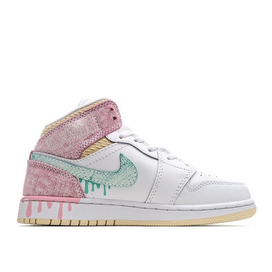 2021 Air Jordan 1 Mid GS Paint Drip White Pink Blue