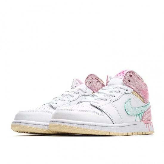 2021 Air Jordan 1 Mid GS Paint Drip White Pink Blue